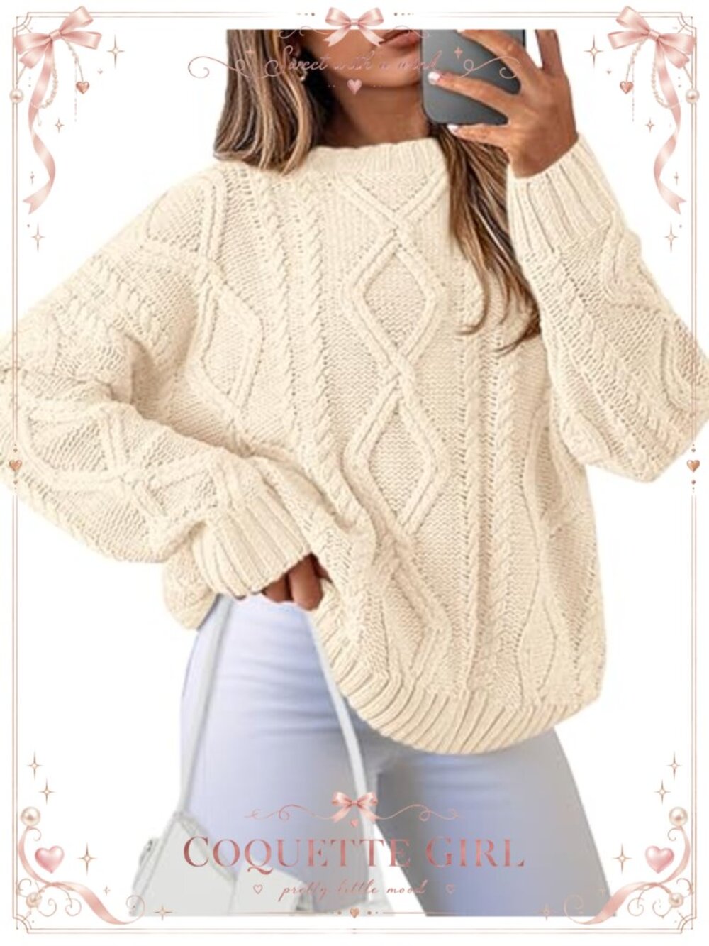 BTFBM Women's Ribbed Knit Cable Sweater Crewneck Pullover Loose Fit Long Sleeve